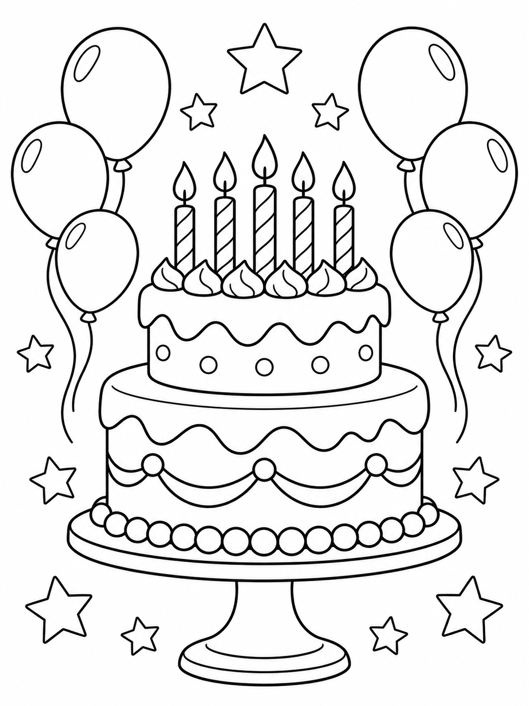 Printable coloring page of a birthday cake with balloons and stars