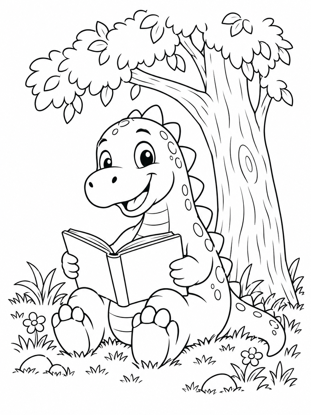 Printable coloring page of a friendly dinosaur reading a book under a tree