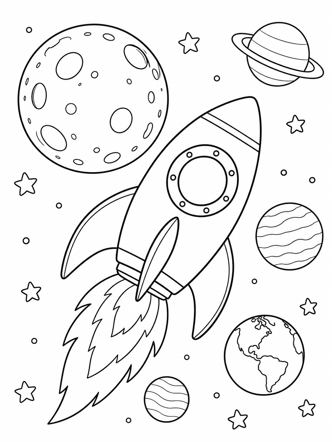 Printable coloring page of a rocket flying past the moon and planets