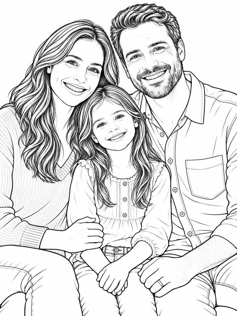 Family photo turned into a balanced printable coloring page