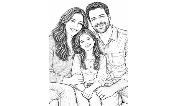 Detailed portrait coloring-page line art with finer hair and clothing texture