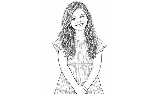 Detailed portrait coloring-page line art with finer hair and clothing texture